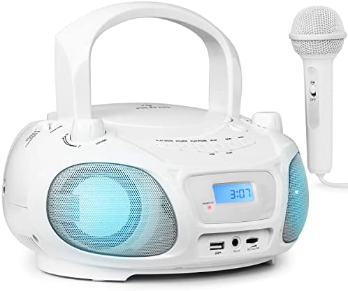 AUNA Roadie Sing - Appareil karaoké, Système karaoke complet, Lecteur CD, Port USB, MP3, Radio FM, Bluetooth 3.0, Eclairage LED, Fonctionnement sur piles ou secteur, Fonction Sing-A-Long - Blanc Fiche Technique et Prix au Maroc