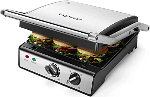 Aigostar Max 30 HIX - Grill, appareil à paninis et sandwichs avec plaques amovibles de grande taille (29 x 24cm). 2000W, ouverture à 180º, température et minuterie réglables. Sans BPA. Fiche Technique et Prix au Maroc