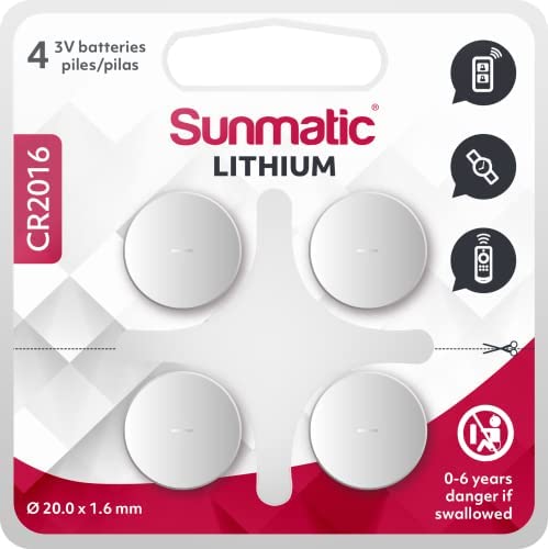 Piles CR2016 - Lot de 4 Piles | Sunmatic | Batteries CR 2016 Lithium 3v - Longue durée et Haute Performance pour télécommandes, balances, capteurs et thermomètres numériques Fiche Technique et Prix au Maroc