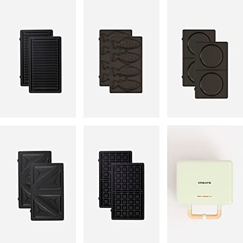 CREATE / STONE 3 IN 1 + 5 plaques Vert / Appareil Croque-monsieur avec 5 plaques interchangeables, Sandwich-grill, Gaufre, Taiyaki, Crêpes-Pancake et Donuts Fiche Technique et Prix au Maroc