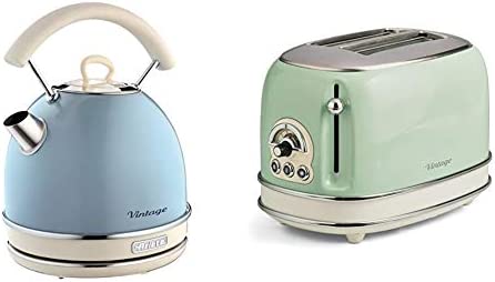 Ariete Vintage 2877 Bouilloire Électrique, 2000 Watts, 1,7 L, en Acier Inoxydable Peint en Bleu Pastel. & Ariete Vintage 155 Grille-Pain 2 Tranches, 810 Watts, 6 Niveaux de Grillage Fiche Technique et Prix au Maroc