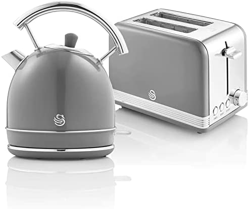 Swan Retro Ensemble Petit-Déjeuner, Bouilloire 1,8L avec Élément Chauffant en Acier INOX, Grille-Pain à Fente Large 2 Tranches, Régulateur de Grillage 6 Niveaux, Design Vintage, Gris Fiche Technique et Prix au Maroc