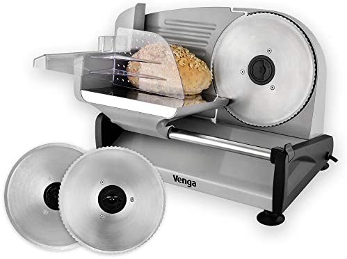Venga! Trancheuse Électrique, 1 Lame Dentelée Pour Pains, 1 Lame Lisse pour Charcuterie et Légumes, Réglage précis de l’épaisseur de 0 à 15mm, Chariot et Poussoir Amovibles, 200W, Inox, VG AS 3005 Fiche Technique et Prix au Maroc