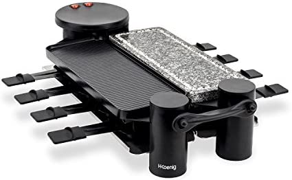 H.Koenig RP360 Appareil à raclette Multifonction 8 personnes modulable rotatif 360° Convivial Professionnel, Pierre Naturelle, Grill, Raclette fromage fondue, 8 poêlons antiadhésifs, Plaques amovibles Fiche Technique et Prix au Maroc
