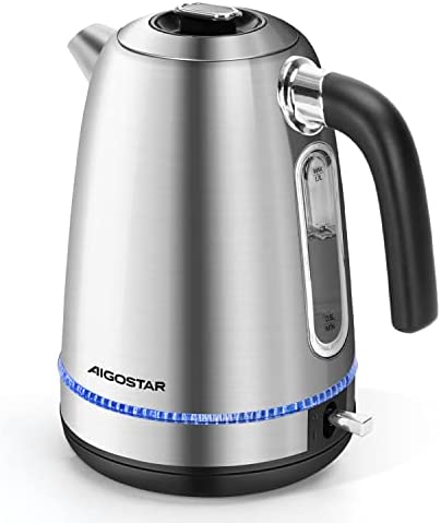 Aigostar Bouilloire Électrique Inox 1,7 L avec Éclairage LED Bleu 2200 W, Ebullition Rapide, Bouilloire Sans fil, Base 360°, Niveau Eau Visible, Bouilloire Électrique en acier inoxydable Fiche Technique et Prix au Maroc