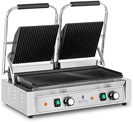 Royal Catering RCPKG-3600-R Machine À Panini Appareil Toaster Double RCPKG-3600-R (3 600 W, Rainurée, 50 - 300 °C, Avec Collecteur de graisse, Inox/fonte de fer) Fiche Technique et Prix au Maroc