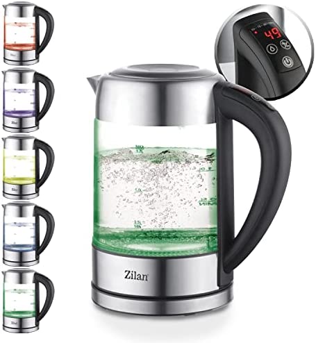 Zilan, Bouilloire en verre LED, différentes couleurs, écran numérique, 1,7lt, 5 réglages différents, Bouilloire sans fil avec corps en verre à haut borosilicate à 360°, 2200W Fiche Technique et Prix au Maroc