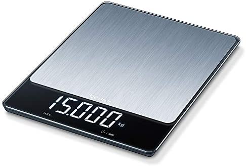 Beurer KS 34 XL Balance de cuisine en acier inoxydable pour un poids précis jusqu'à 15 kg, avec fonction de tare pratique, fonction de maintien et affichage Magic LED Fiche Technique et Prix au Maroc