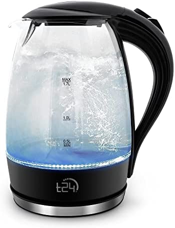 T24 Bouilloire LED en verre 1,7 l avec éclairage LED, protection contre la marche à sec, sans BPA, 2200 W | Certifié TÜV Rheinland GS ... (noir) Fiche Technique et Prix au Maroc