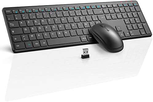 Clavier Souris sans Fil Combinés, 2,4GHz Mince Silencieux Ensemble Pleine Taille Clavier et Souris sans Fil avec 19 Raccourcis Multimédia & 3 DPI Réglables, pour Windows, Mac, PC, Laptop - Noir Fiche Technique et Prix au Maroc