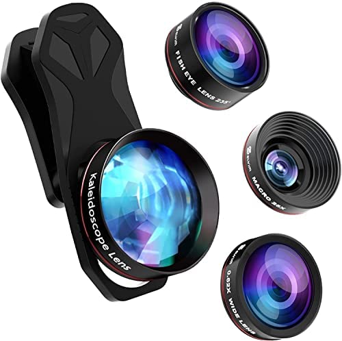 Selvim Kit d'Objectif Smartphone 4 en 1, Objectif Kaléidoscope, Objectif Macro x25, Objectif Fisheye 235°, Objectif Grand Angle x0.62, Photographie Amusante, Compatibilité Universelle Fiche Technique et Prix au Maroc