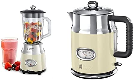 Russell Hobbs Mixeur Blender Electrique 1,5L, Bol Gradué, Lames Acier Inoxydable Amovibles, 3 Vitesses, Puissant & Bouilloire 1,7L, Ebullition Rapide, Couvercle Amovible, Design Vintage - Crème Fiche Technique et Prix au Maroc