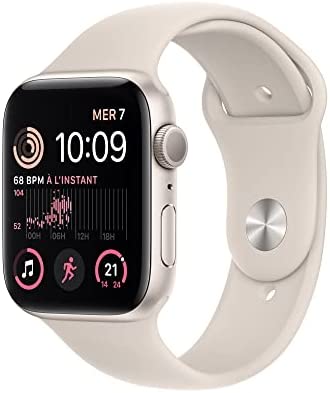 Apple Watch SE (2ᵉ génération) (GPS, 44mm) Montre connectée - Boîtier en aluminium lumière stellaire , Bracelet Sport lumière stellaire - Regular. Suivi de la forme physique et du sommeil Fiche Technique et Prix au Maroc