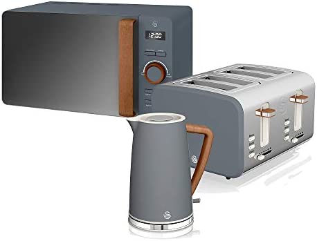 Swan Nordic Set petit-déjeuner bouilloire 1,7 L 2200 W, grille-pain à fente large 4 tranches, micro-ondes 20 L numérique, design moderne, effet bois, gris ardoise Fiche Technique et Prix au Maroc