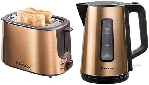 Bestron Grille-pain avec 2 fentes pour griller des toasts, Tiroir ramasse-miettes et gril intégrés & Bouilloire électrique sans fil avec arrêt automatique, 1,7 Litres, Acier inoxydable, Design cuivré Fiche Technique et Prix au Maroc