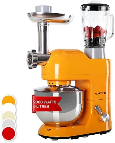 Klarstein Robot Patissier Multifonctions, Batteur sur Socle, Bol 5L, Robot Cuisine 2000W, Blender 1.5L, Robot Multifonction Petrin Boulangerie, Hachoir à Viande, Batteur Electrique Cuisine, 6 Vitesses Fiche Technique et Prix au Maroc