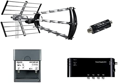 HDME Kit Préamplificateur 4/1 TV Amplificateur + Alimentation 4 Sorties TV pour Antenne terrestre TNT Noir + Antenne d'Extérieure Trinappe 26dB UHF 415044 - Fiche F + Filtre 4G intégré Fiche Technique et Prix au Maroc
