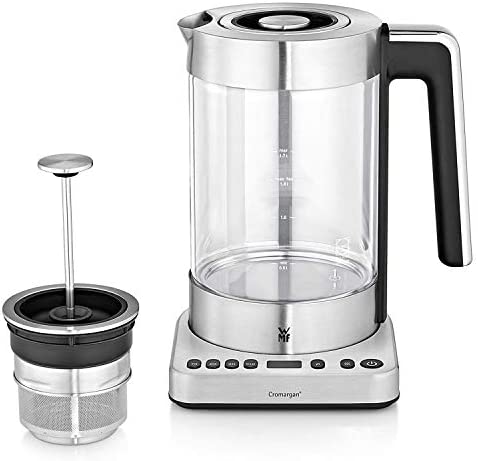 WMF Lono Bouilloire Théière électrique en verre, Qualité Schott Duran, 3000 W, Capacité 1,7 L, 4 niveaux de température (70-80-90-100°C), Temps d'infusion ajustable, Design inox 0413160011 Fiche Technique et Prix au Maroc