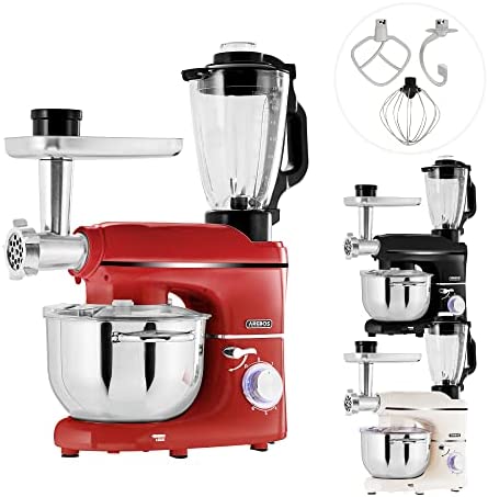 Arebos 6 en 1 Robot cuisine multifonction 1500W | Rouge | Robot pâtisserie | Mixeur et hachoir à viande | machine à pâtes | 6 vitesses | Fonction Pulse | Bol en inox 5,5 L | Pichet en verre 1,5 L Fiche Technique et Prix au Maroc