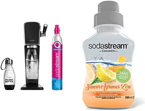 Sodastream ART Noire, Pack avec Machine à Eau Pétillante et Soda + 1 Bouteille FUSE Lave-Vaisselle 1L + 1 Bouteille "My Only Bottle" 0,5L + 1 Cylindre de CO2 60L & Concentré Saveur Agrumes Zéro, 500ml Fiche Technique et Prix au Maroc
