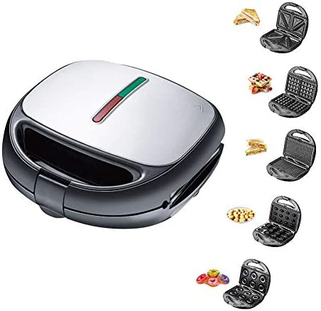 Appareil à Croque Monsieur 5 En 1, Petit Déjeuner Rapide Gaufrier Machine à Pain Sandwich Multifonctionnelle, Plaques Antiadhésives Amovibles Pour Gaufres, Beignets, Sandwich, Steak Panini Cadeau Fiche Technique et Prix au Maroc