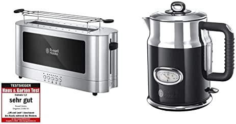 Russell Hobbs Toaster Grille Pain, 1 Fente Spécial Baguette - Acier Chromé - 23380-56 Elegance & Bouilloire 1,7L, Ebullition Rapide, Couvercle Amovible, Design Vintage - Noir 21671-70 Retro Fiche Technique et Prix au Maroc