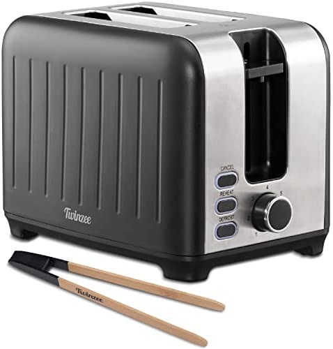 Twinzee - Grille Pain 3 en 1 - Noir Mat en Inox - 2 Large Fente - Toaster Rétro - Pince en Bambou - 7 Niveaux de Brunissage - 850W - Chauffe Petit Pain et Ramasse Miette Fiche Technique et Prix au Maroc