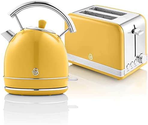 Swan Retro Ensemble Petit-Déjeuner, Bouilloire 1,8L avec Élément Chauffant en Acier INOX, Grille-Pain à Fente Large 2 Tranches, Régulateur de Grillage 6 Niveaux, Design Vintage, Jaune Fiche Technique et Prix au Maroc