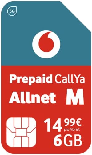 Vodafone Carte SIM prépayée CallYa Allnet Plate M sans contrat I 5G réseau | avec Volume de données de 6 Go et Chargement de téléphone et SMS I 15 Euros de crédit Fiche Technique et Prix au Maroc