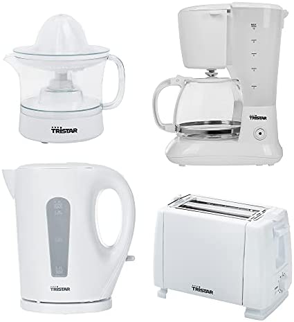 Set Petit-déjeuner Tristar Blanc (Cafetiere 10 tasses, Grille-pain, Bouilloire 1,7L, Presse-agrumes) Fiche Technique et Prix au Maroc