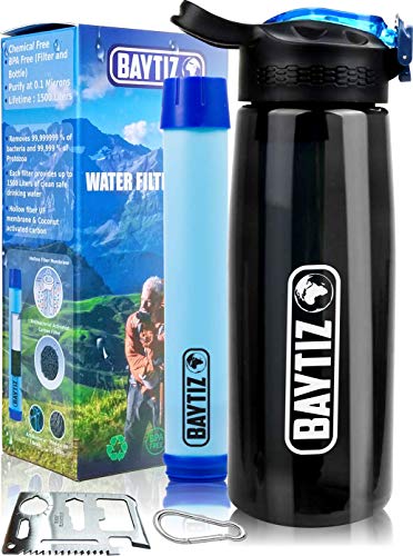 Baytiz | Gourde Filtrante + Paille de Survie au Charbon Actif - Bouteille Filtre à Eau Nomade : Voyage Randonnée Trek Camping Kit Purificateur Réutilisable + Boussole Plastique Sac Pluie Catastrophe Fiche Technique et Prix au Maroc