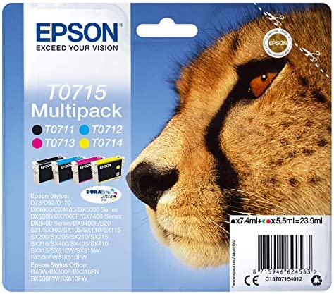 Epson Multipack T0715 Guépard, Cartouches d'encre d'origine, 4 couleurs : Noir, Cyan, Magenta, Jaune, D78 D92 D120 DX4000 DX5000 DX7000F DX8400 S20 SX100 SX200 SX210 SX400 SX600FW BX300F B40W BX610FW Fiche Technique et Prix au Maroc