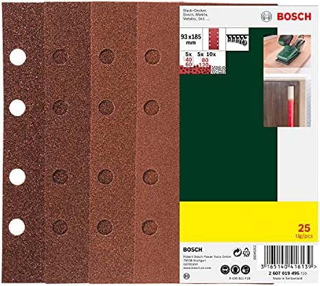 Bosch Accessories 25 pièces Jeu de disques abrasifs (différents matériaux, grain 40/60/80/120, 8 trous, accessoires ponceuse excentrique) Fiche Technique et Prix au Maroc