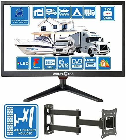 Unispectra 19 Pouces (48cm) 12V / 240V HD+ LED Numérique TV DVB-T/T2 (TNT) USB PVR & Lecteur multimédia; Idéal pour: Maison, Camping-Car, Bateau-Caravane, Camping et Camion (TV+Support Mural) Fiche Technique et Prix au Maroc