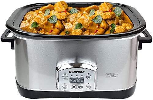 Syntrox Germany Mijoteuse numérique en acier inoxydable 7,5 l avec minuterie, fonction maintien au chaud, verre de sécurité et bol en céramique amovible – Cuit lente Fiche Technique et Prix au Maroc