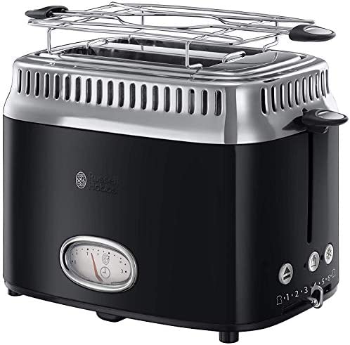 Russell Hobbs Grille Pain [Design Vintage Premium] Retro Noir (Ultra Rapide, 3 Fonctions annulation, décongélation et réchauffage, Réchauffe Viennoiserie, Range Cordon) Toaster 21681-56 Fiche Technique et Prix au Maroc