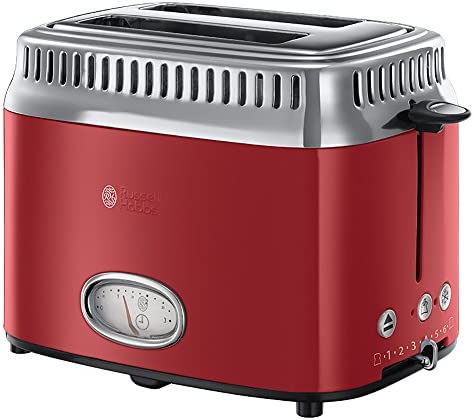 Russell Hobbs Grille Pain [Design Vintage Premium] Retro Rouge (Ultra Rapide, 3 Fonctions annulation, décongélation et réchauffage, Réchauffe Viennoiserie, Range Cordon) Toaster 21680-56 Fiche Technique et Prix au Maroc