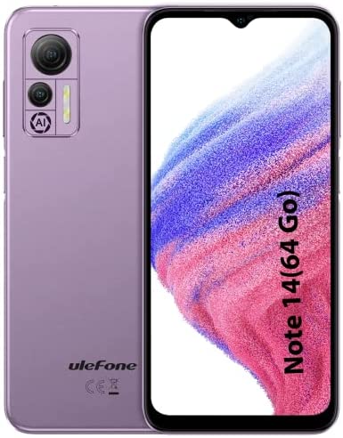 Ulefone Note 14 Téléphones Portables, 4Go+64Go Android 12 Smartphone Pas Cher, Ecran IPS 6,52" Dual Caméras 13 MP, 4500 mAh, Design Fin et Léger, Type-C, 4G Téléphones Portables Débloqués - Violet Fiche Technique et Prix au Maroc