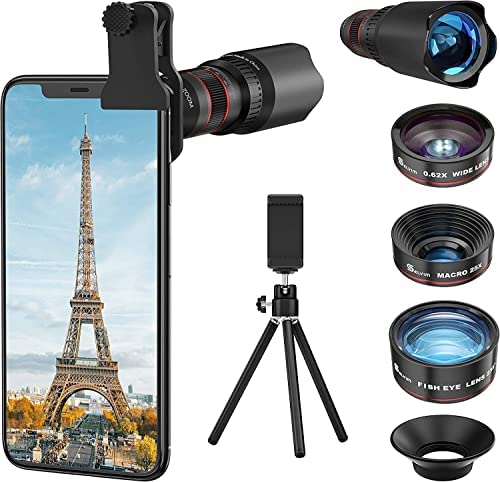 Selvim Kit d'Objectif Smartphone, Téléobjectif x22, Objectif Macro x25, Objectif Fisheye 235°, Objectif Grand Angle x0.62, Lentilles Blu-Ray, Photographie Amusante, Compatibilité Universelle Fiche Technique et Prix au Maroc