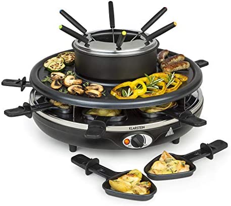 Klarstein Fonduelette - Raclette gril, Pour 8 personnes, Plat à fondue, Grande plaque gril de 38cm, Puissance de 1350W, 8 poêlons à raclette, Revêtement antiadhésif, 8 fourchettes à fondue, Noir Fiche Technique et Prix au Maroc