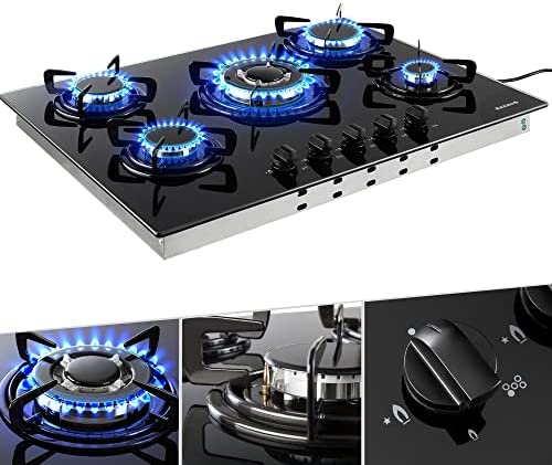 Arebos Cuisinière à gaz de 5 flammes | Vitrocéramique | Grilles et veilleuse de sécurité incluses | Autonome | Convient pour le gaz naturel et le gaz propane | Cuisinière à gaz Table de cuisson à gaz Fiche Technique et Prix au Maroc