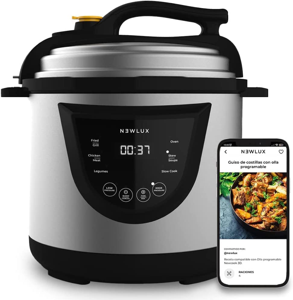 NEWLUX- Mijoteuse Électrique Programmable Chef Pot V110. Multicuiseur Électrique Multifonction, 10 Programmes, 1000W, 6L, Conserve la Chaleur, Système Duo-pressure, Récipient 100 % Antiadhésif Fiche Technique et Prix au Maroc