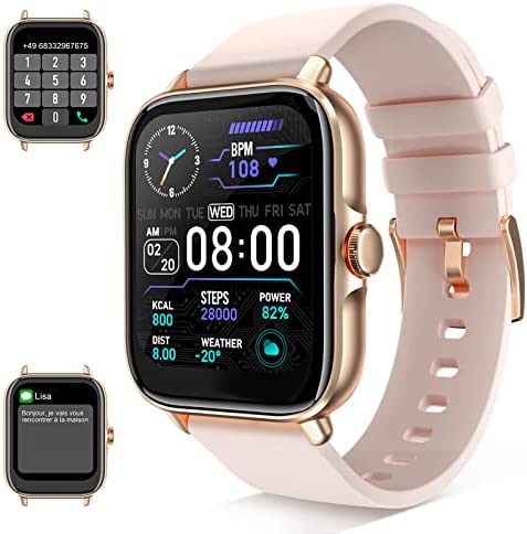 Montre Connectée Repondre Appel et SMS, 1.7" Smartwatch Sport Tactile Femme Adulte Android iOS,Tracker d'activité/28 Modes/Podometre/Moniteur de Fréquence Cardiaque et Sommeil/Etanche, Watch Or Rose Fiche Technique et Prix au Maroc