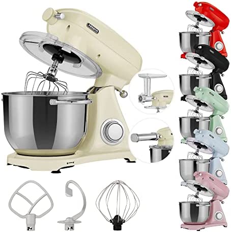 Arebos Robot Pâtissier Professionnel 1800W Retro | Crème | Faible Bruit | Robot de Cuisine Multifonction avec Fouet, Batteur, Crochet | Bol d'Acier Inoxydable 6 Litres | 6 Vitesses Fiche Technique et Prix au Maroc
