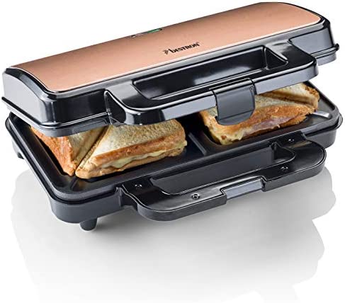 Bestron ASM90XLCO - Machine à sandwichs XL antiadhésif pour 2 sandwichs - 900 W - Noir/cuivre, métal Fiche Technique et Prix au Maroc