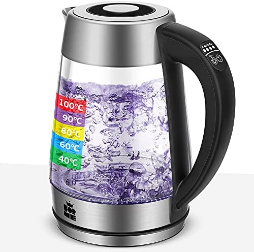 ForMe Bouilloire Électrique en Verre Thermostat Réglable 1.7 I Contrôle de Température Réglable 40-100°C I Transparente Température Variable I 5 Couleurs LED I Fonction de Maintien au Chaud Sans BPA Fiche Technique et Prix au Maroc