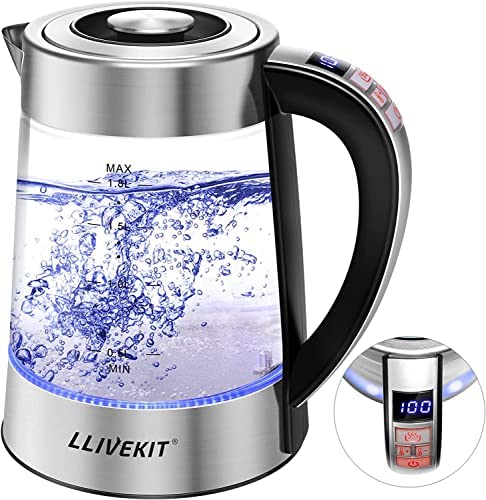 LLIVEKIT Bouilloire Électrique en verre, 1,8 L, Température Réglable, Éclairage Intérieur LED, Fonction Maintien au Chaud et Protection Contre la Marche à Sec, sans BPA, 1800 W Fiche Technique et Prix au Maroc