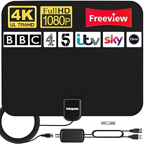 Antenne TV Intérieur Puissante TNT HD – Tellegante DTA650 - Nouvelle Antenne HDTV avec 25dBi Gain Amplicateur de Signal Amélioré - pour 1080P 4K Chaînes Télévision Gratuites - 5m de Câble Coaxial Fiche Technique et Prix au Maroc