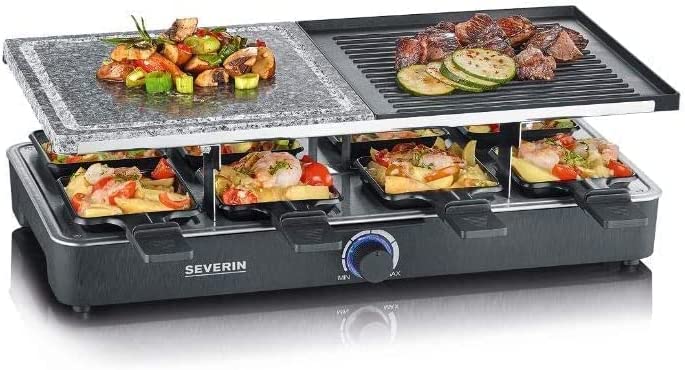 SEVERIN Raclette Gril 8 personnes, Pierre de Cuisson Naturelle, Plaque Réversible Anti-adhésive, Thermostat Réglable, Noir,RG 2371 Fiche Technique et Prix au Maroc