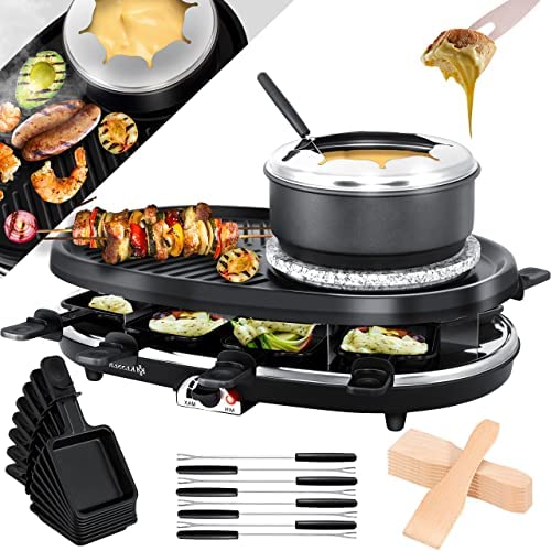 Kesser® Appareil à raclette 3 en 1 avec Pierre de Cuisson Naturelle, Plaque de Gril et Fondue, Barbecue de Table pour 8 convives, Barbecue électrique raclette Barbecue Plaque antiadhésive, 8 poêlons Fiche Technique et Prix au Maroc